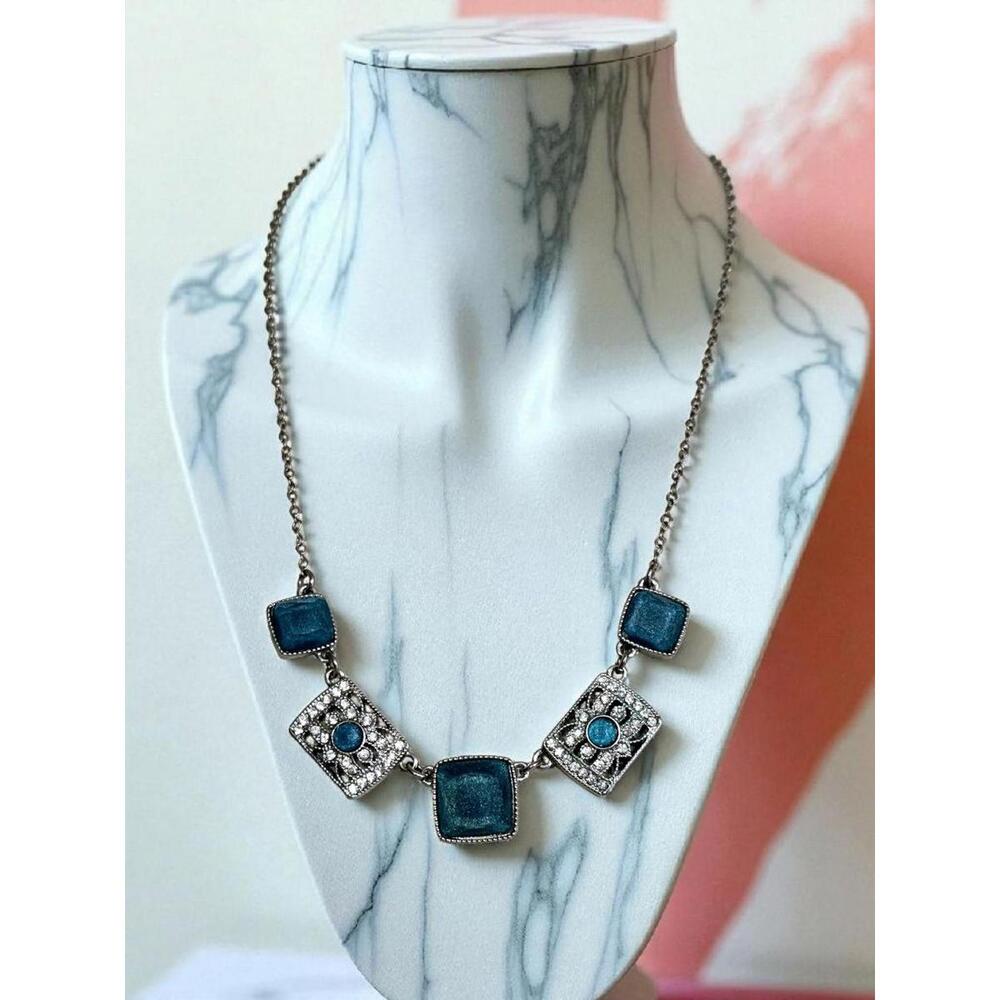 Liz Claiborne Teal Rhinestone Necklace – Vintage Square Link Statement Jewelry